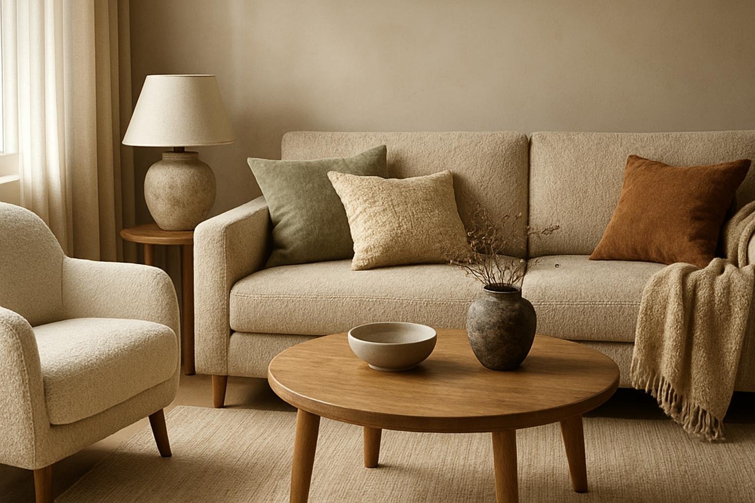 Modern nappali kényelmes bútorokkal és textúrákkal.