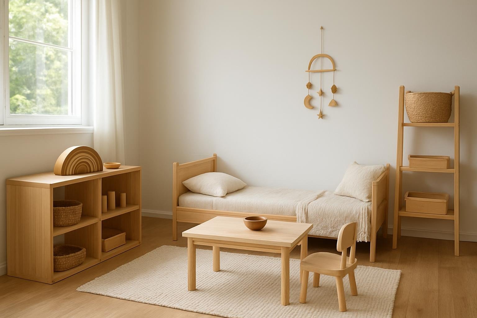 Montessori stílusú gyerekszoba világos bútorokkal és játékokkal