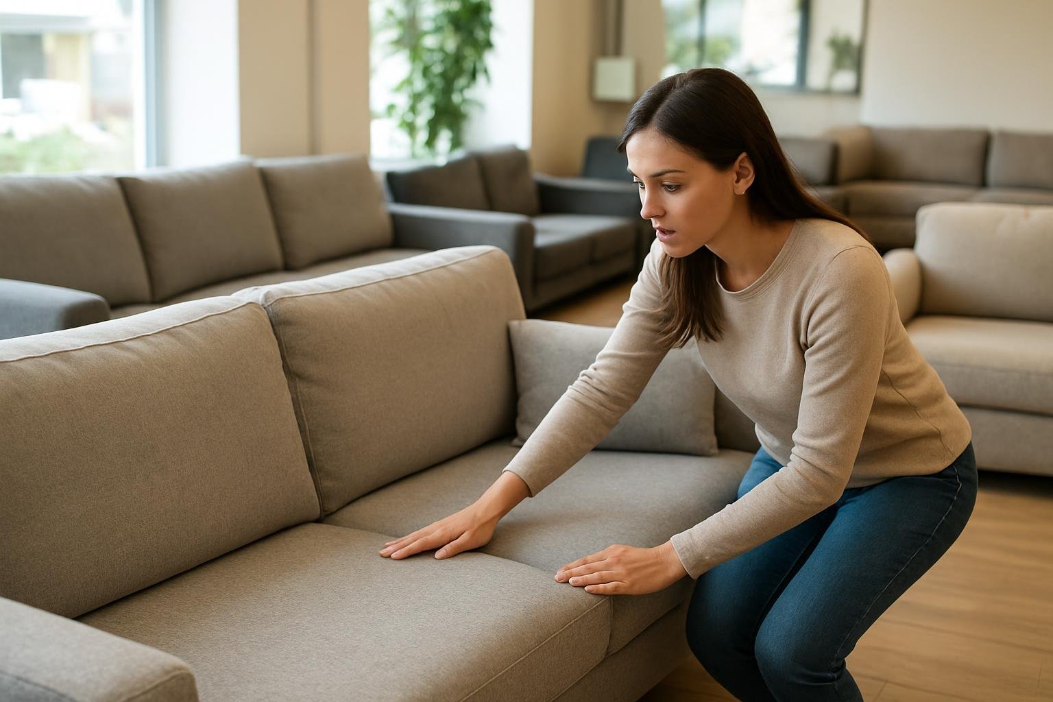 Nő kanapét választ a bútorkereskedésben, kényelmet tesztelve.