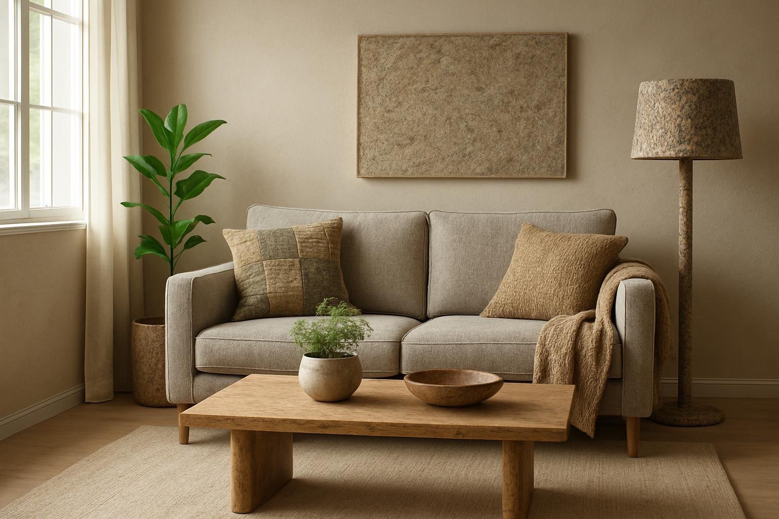 Kényelmes nappali újrahasznosított anyagokkal és stílusos bútorokkal