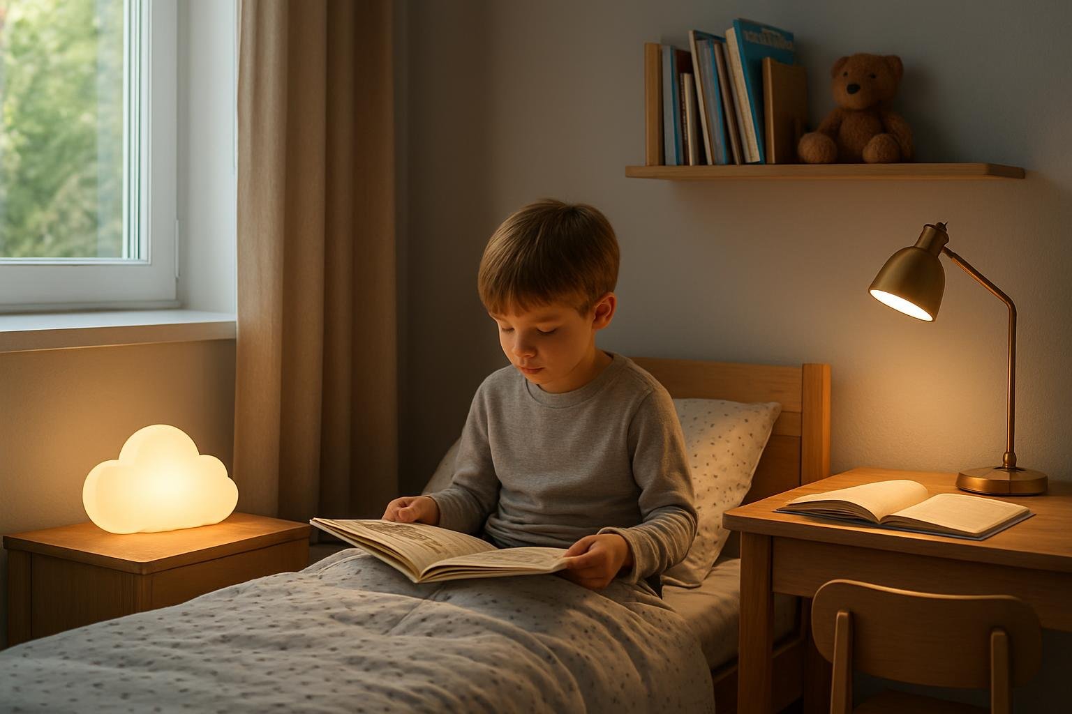 Gyerek olvas egy könyvet éjszakai fény alatt a gyerekszobában.