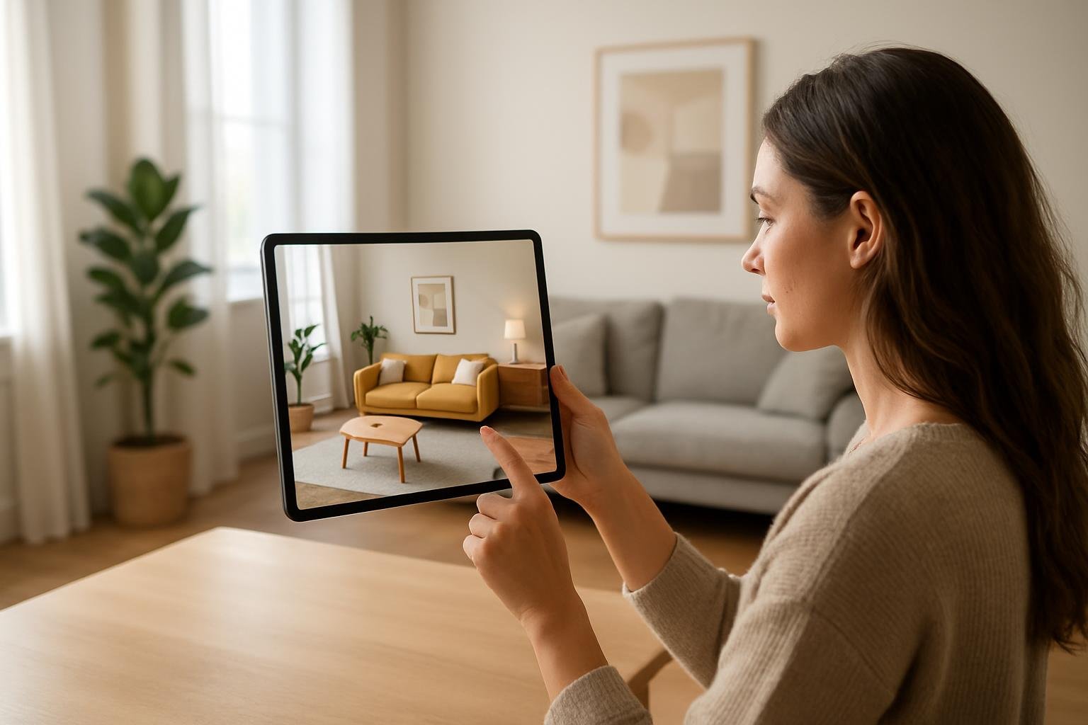 Nő virtuális tervezés használatával bútorok elrendezésének megtekintésekor.