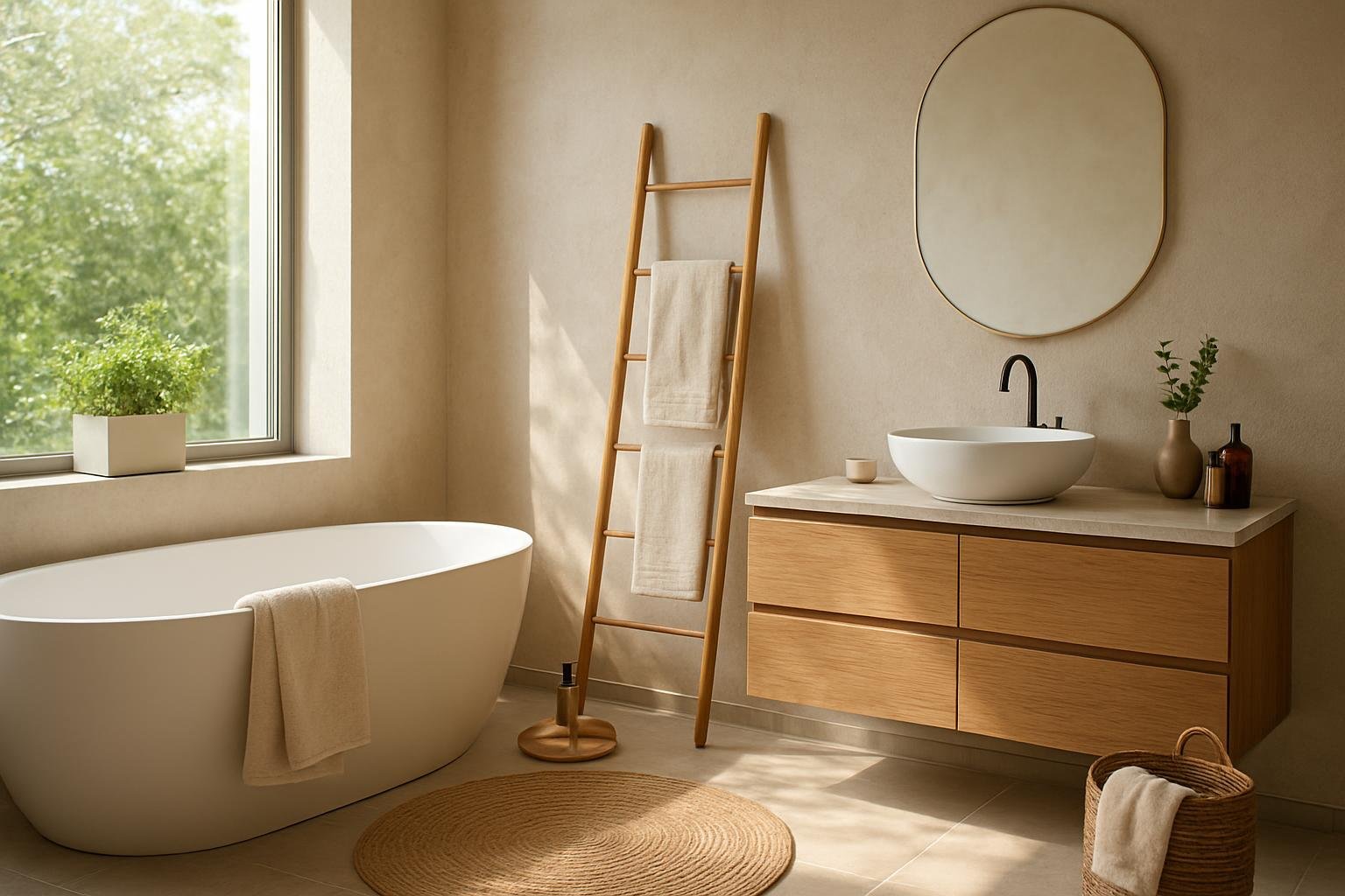 Modern spa-fürdőszoba natúr anyagokkal és világítással.