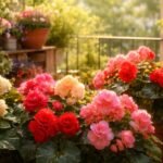 Különböző színű begóniák a kertben és erkélyen, színes díszítő növények