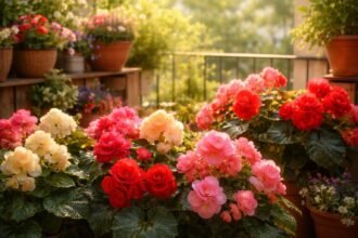 Különböző színű begóniák a kertben és erkélyen, színes díszítő növények