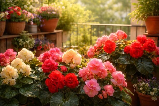 Különböző színű begóniák a kertben és erkélyen, színes díszítő növények